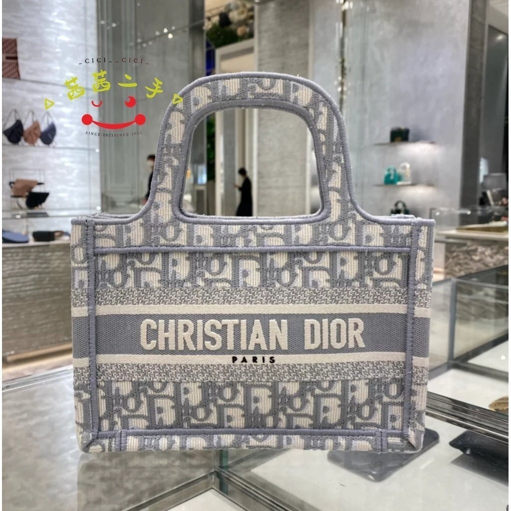 二手全新免税DIOR 迪奧 book tote 藍色印花刺繡 帆布托特包 mini M1271 手拿包