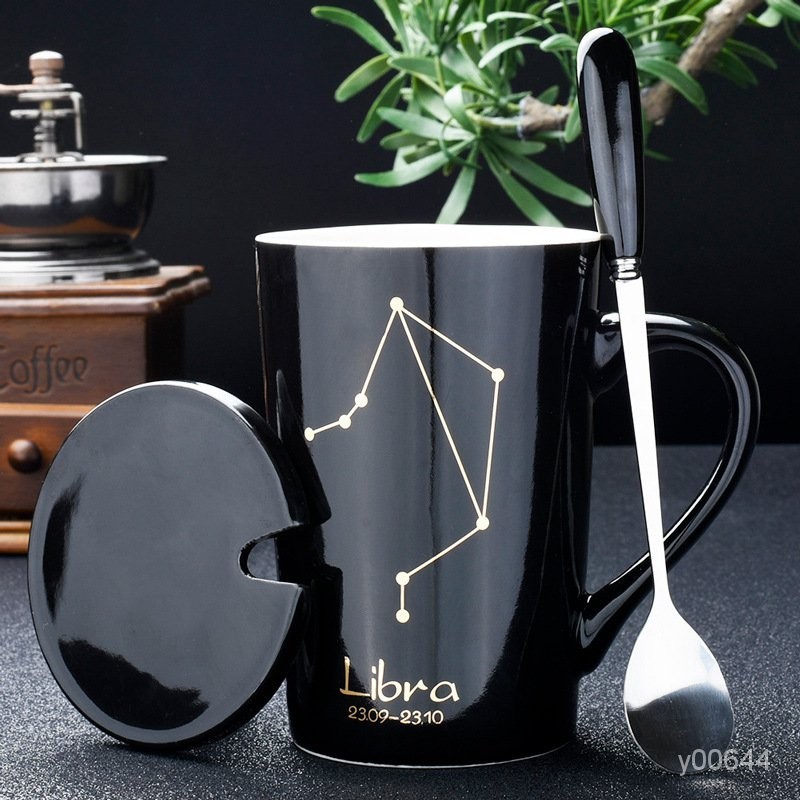 創意黑真金星座杯馬剋杯 咖啡杯陶瓷杯帶蓋勺傢用辦公室水杯杯子