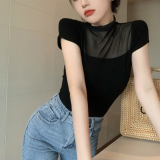 黑色網紗微透蕾絲拚接T恤設計感夏季新款辣妹修身時尚短袖上衣女