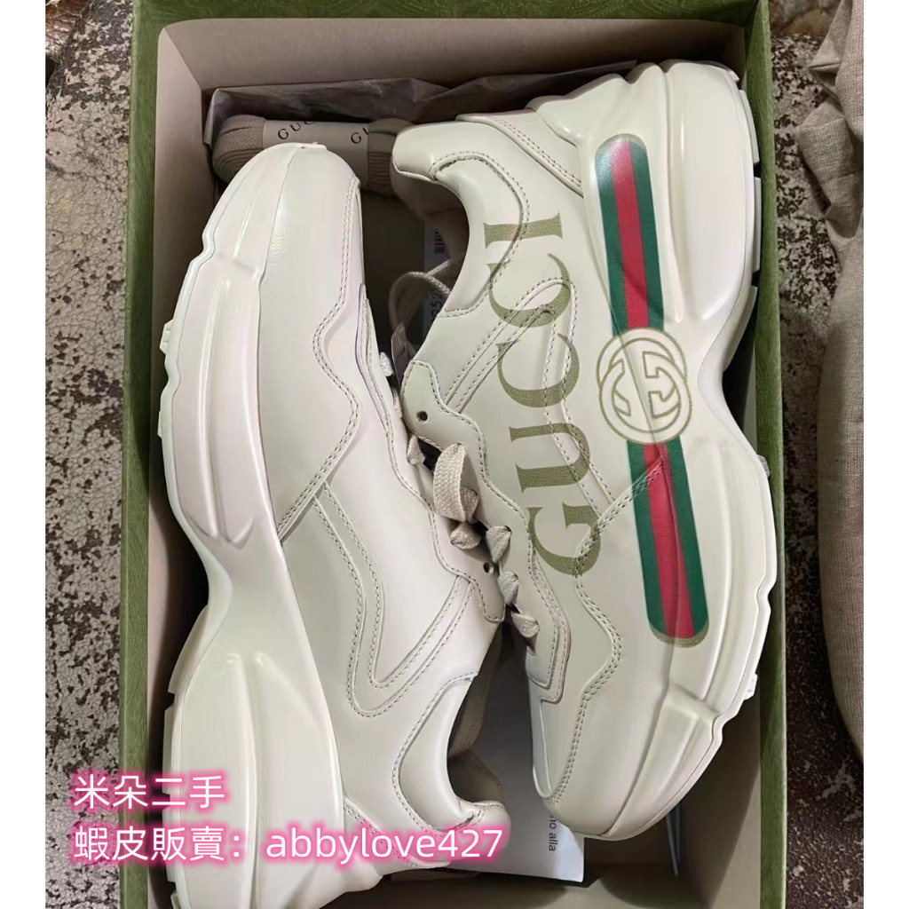 二手精品 GUCCI 古馳 Rhyton logo 經典厚底老爹鞋 休閒鞋 百搭象牙米白色 528892 男女同款