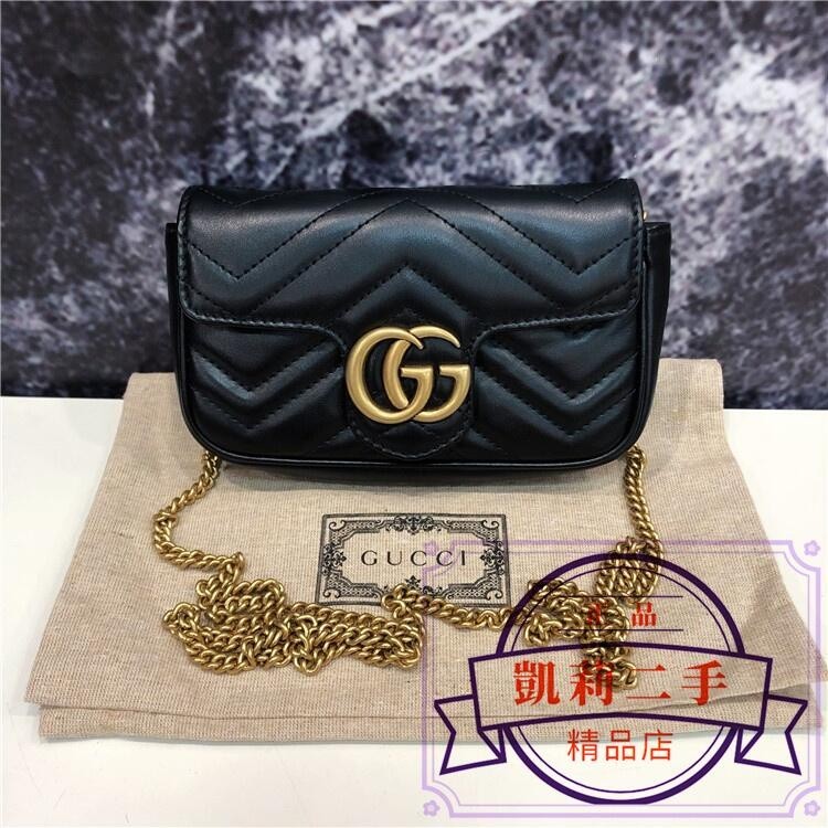 凱莉二手 GUCCI 古馳 476433 GG Marmont mini 迷你手袋 鏈條包 肩背包 斜跨包 黑色