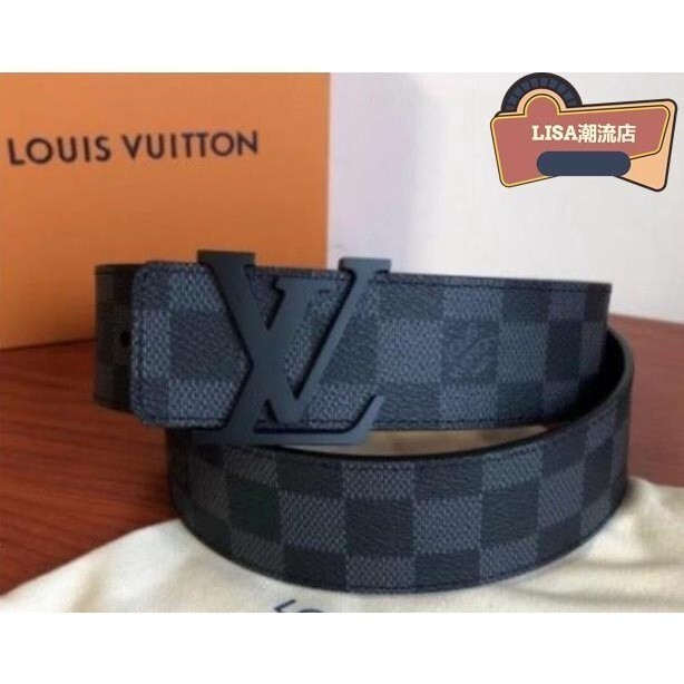 LISA二手 Louis Vuitton LV 黑棋盤格紋皮帶 經典 LOGO 飾扣 40mm M9808T