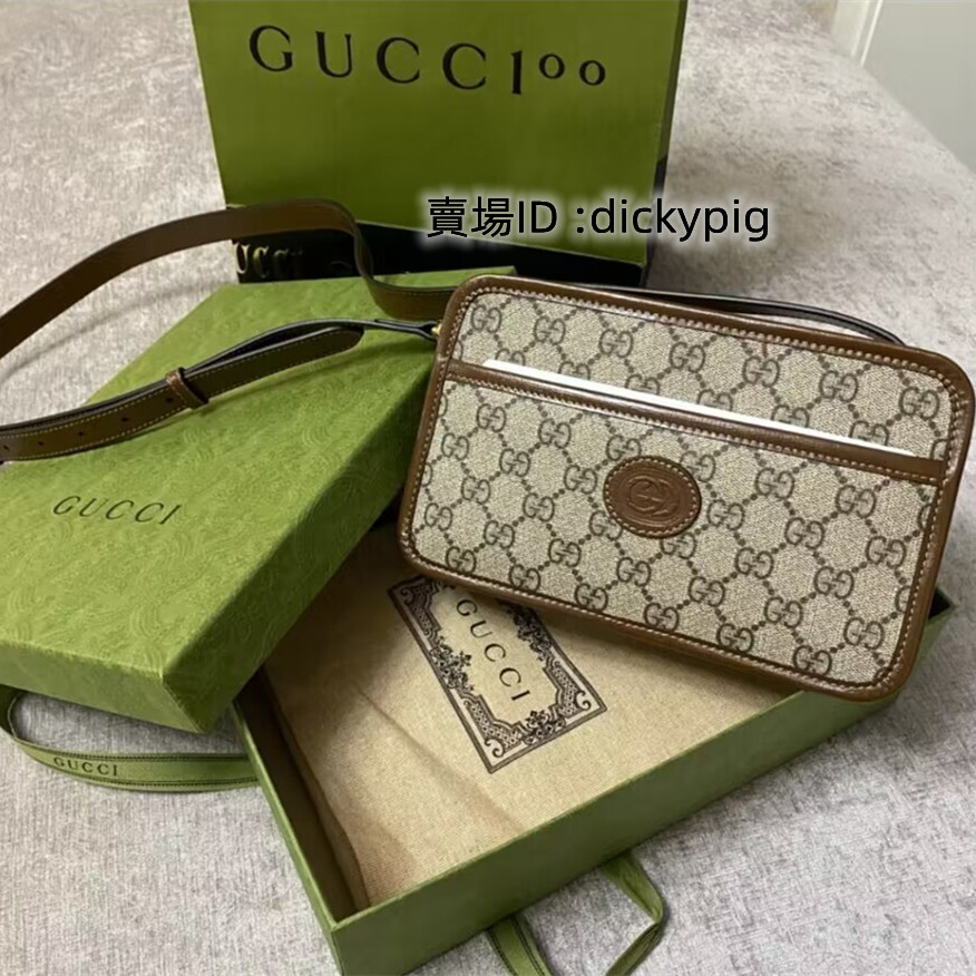 二手精品 Gucci 老花logo相機包 帆布拼皮 古馳盒子包 單肩包 斜挎包 658572 男女同款方盒包