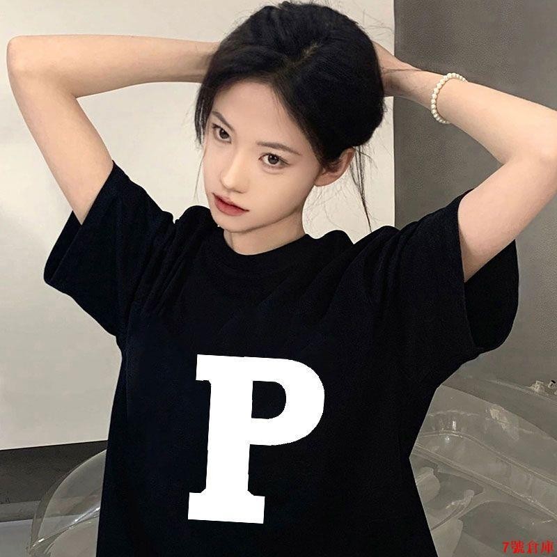 『女裝』100%純棉短袖T恤女夏季韓版新款字母印花寬松黑色BF風體恤上衣ins