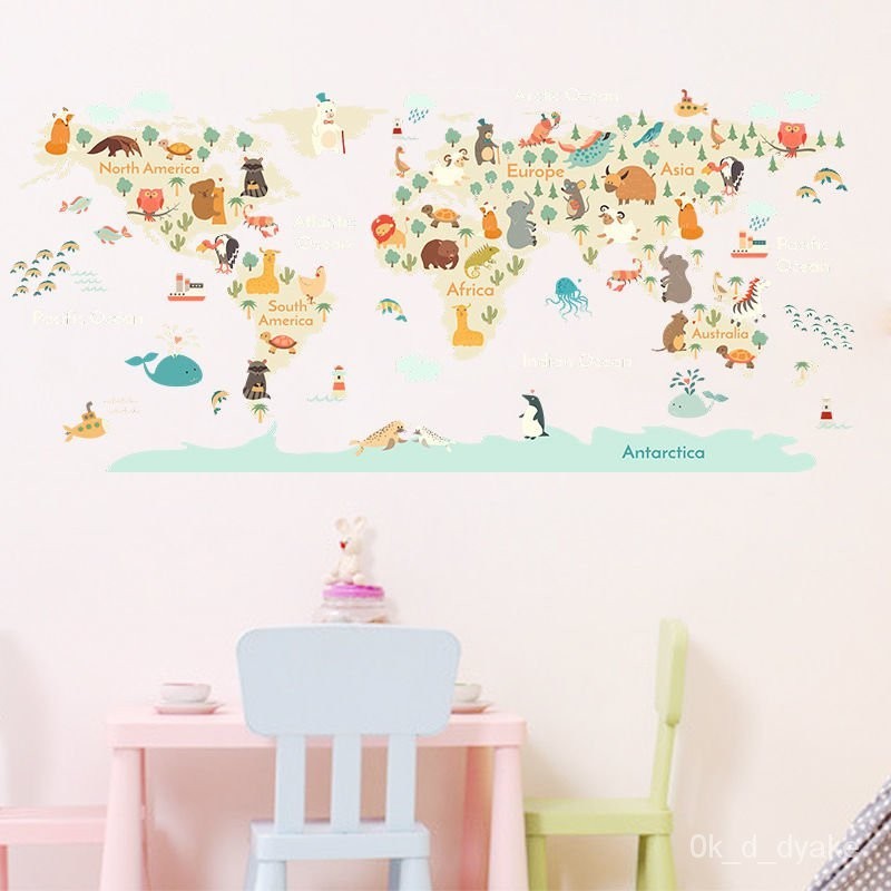 動物 卡通 壁貼 房間裝飾 背景牆 可愛動物 創意卡通世界地圖貼紙動物知識墻貼兒童寶寶房間佈置裝飾自粘貼畵