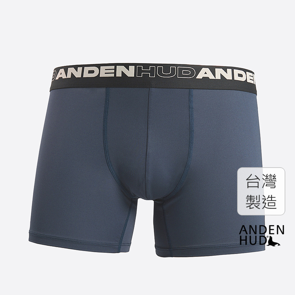 【Anden Hud】男款_吸濕排汗機能系列．長版腰帶平口內褲(湛藍-框字緊帶) 純棉台灣製