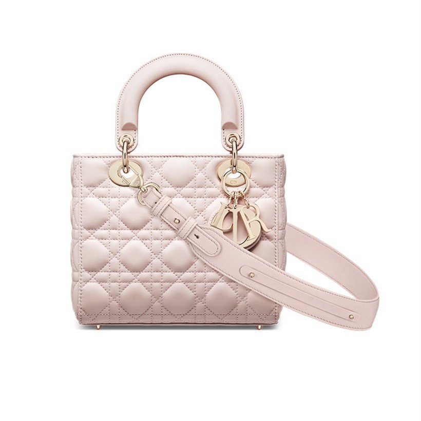【法國二手】 Dior 迪奧 M0538 粉紅色 Lady Dior 黛妃包 裸色小方包 大號手提包 鏈條包