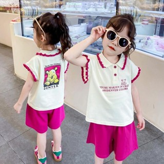 童裝 兒童衣服 女童套裝 純棉女童套裝夏季2024新款韓版洋氣中大兒童polo領女寶短袖兩件套