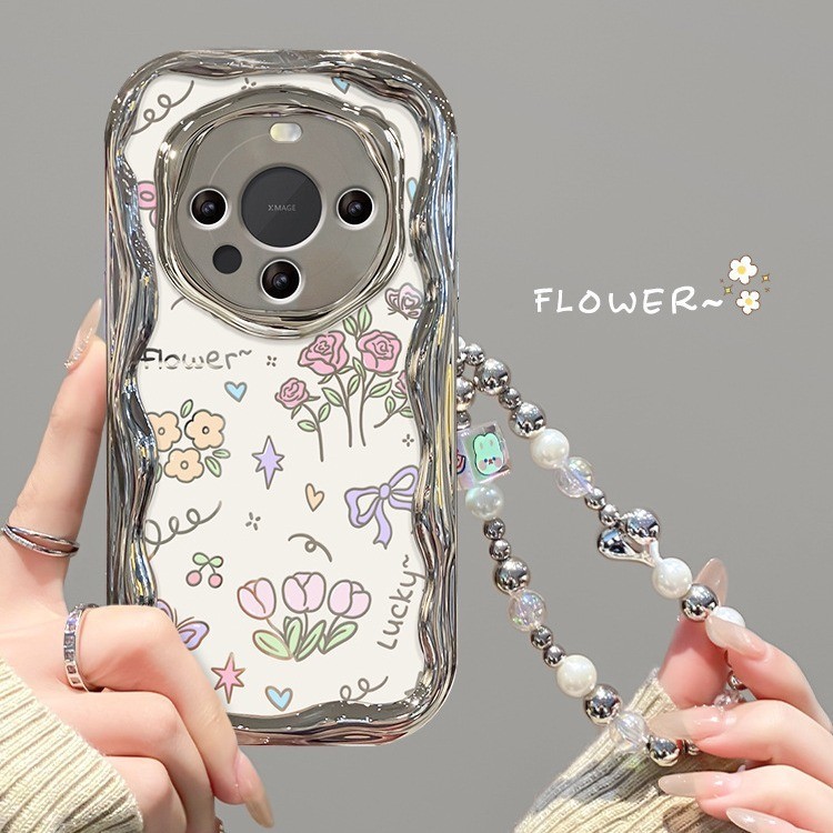 在臺現貨-適用華為mate60pro手機殻nova12/11滿屏花朵鏈條榮耀100/90電鍍銀