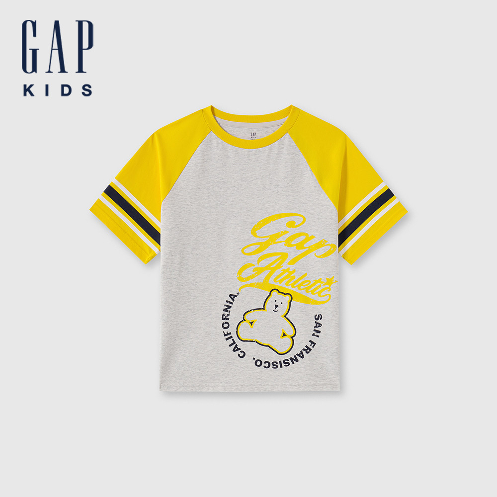 Gap 男童裝 Logo小熊印花圓領短袖T恤-黃灰撞色(466235)