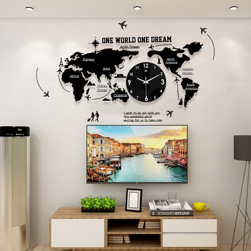 【KK家】世界地圖掛鐘 亞克力創意客廳鐘錶 歐式家居裝飾時鐘 時鐘