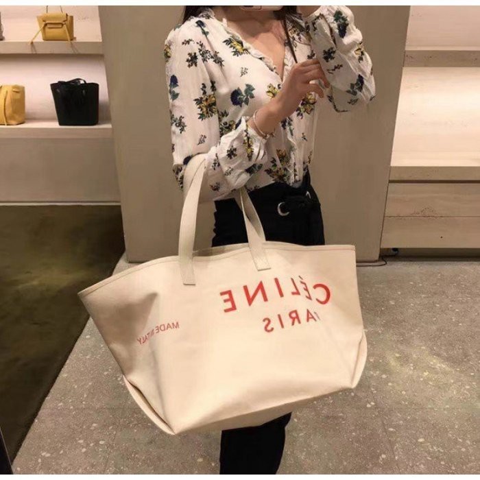 Celine 帆布包 購物袋 子母包 手提包 單肩包 白色 紅色logo 現貨