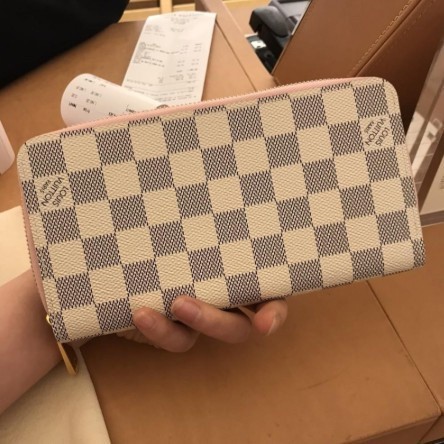 Louis Vuitton LV 路易威登 N63503 白棋盤格紋拉鍊粉色長夾錢包
