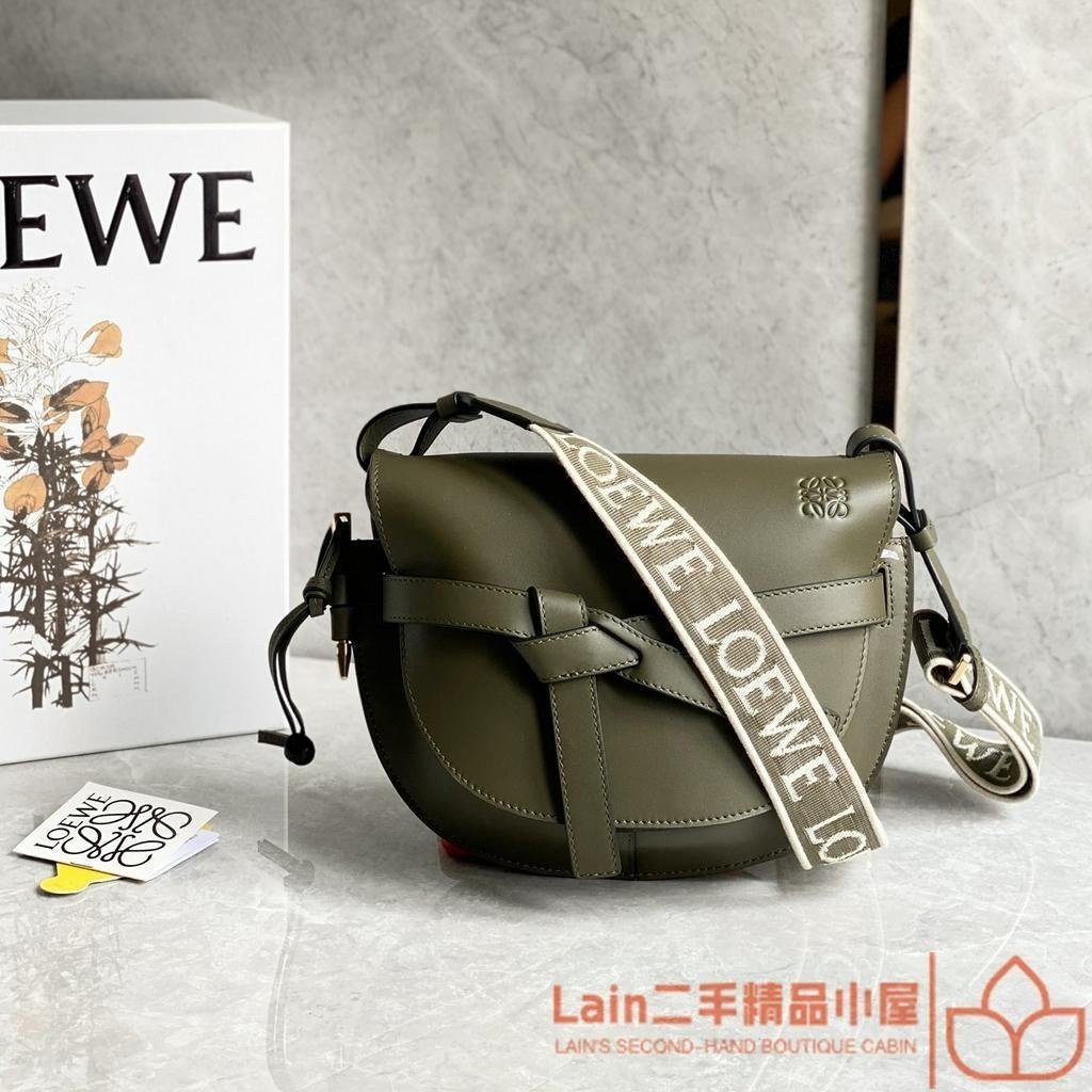 二手精品 LOEWE 羅意威 Gate Dual mini/小號 通用寬肩帶 軍綠色 馬鞍包 斜背包 單肩包 腰包胸包