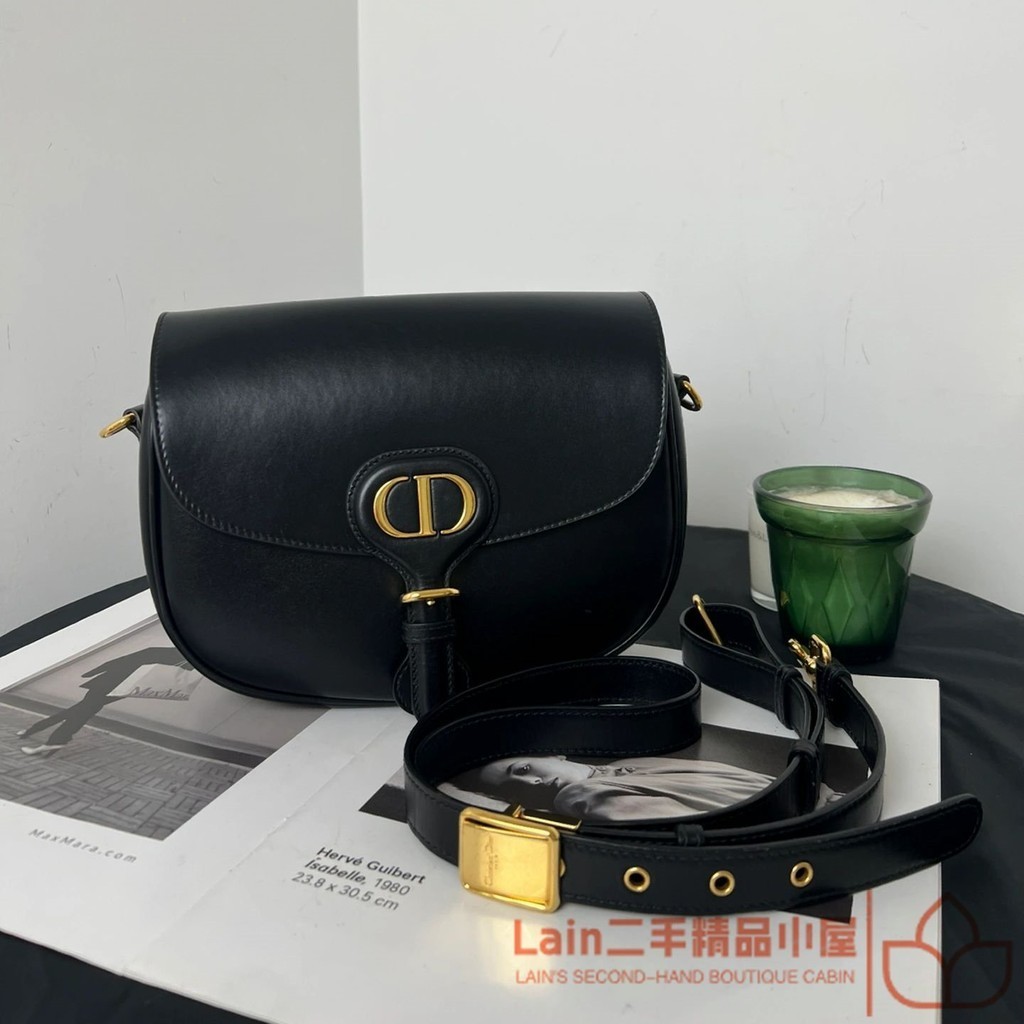 二手精品 Dior 迪奧 30 Montaigne BOBBY 黑色/白色 光面皮革 中號 馬鞍包/斜背包/單肩包