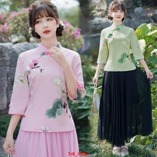 大麥春夏復古旗袍上衣改良唐裝 中式套裝 茶服 民國風漢服 女裝兩件套 中式國風套裝 團體活動服裝