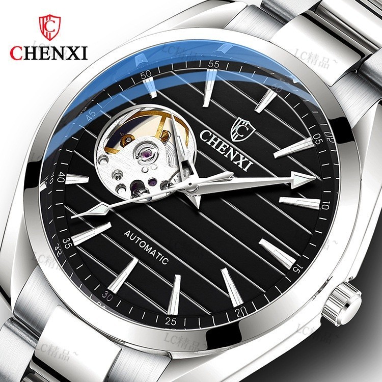 優選精品 CHENXI新款白殻鋼帶自動機械手錶男士商務鏤空夜光防水機械錶 NRY7