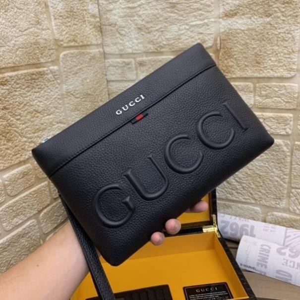 /二手 GUCCI 古馳黑色手包 牛皮手拿包 拉鍊款手拿包 男包尺寸28x18x3cm