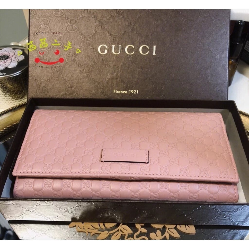 茜茜二手 Gucci 粉紅色 粉色 GG logo 牛皮 長夾 扣式 女用 保證真品 皮夾 經典