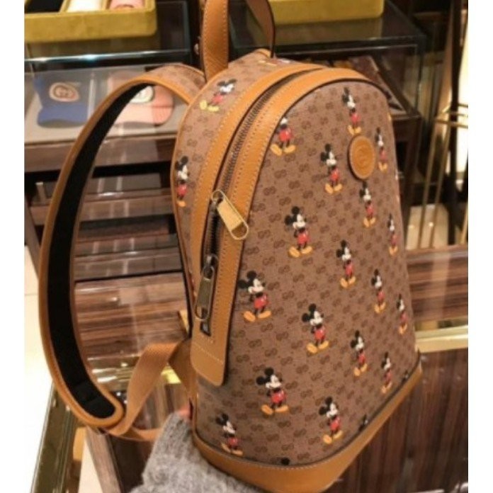 二手精品 Gucci Disney X 聯名米奇老鼠印花 初春新款系列棕色皮革 雙肩包 後背包 552884