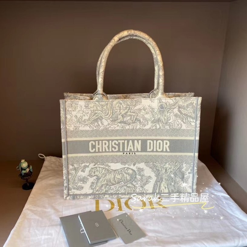 二手精品 DIOR 迪奧 手提包 小號IVIERA BOOK TOTE托特包 老虎刺繡款 灰色 購物袋