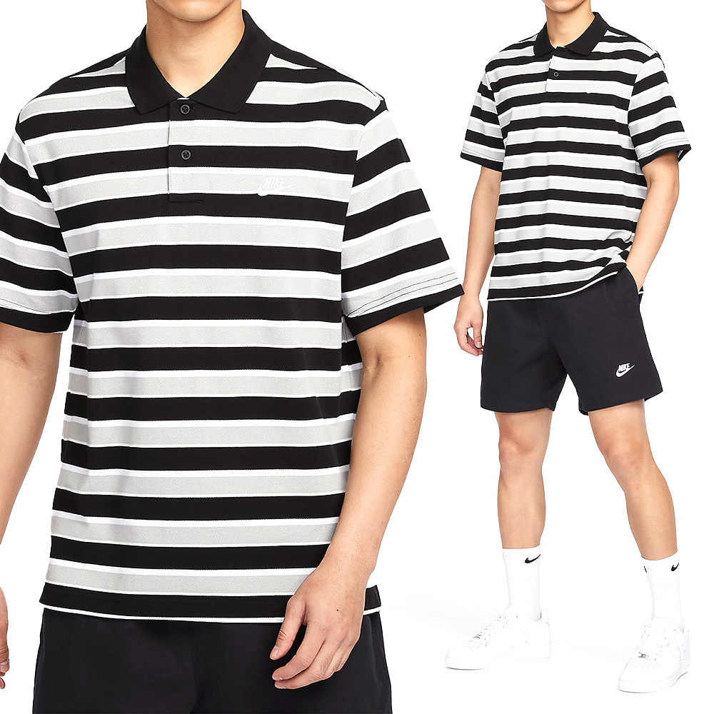 Nike Club Stripe Polo 男 黑灰白 條紋 運動 上衣 Polo衫 短袖 FN3897-010