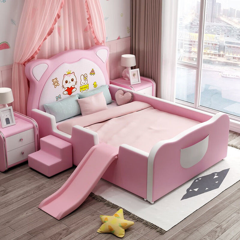 🌟熱銷新款🌟 創意兒童床 床組床架 卡通兒童床拼接床男女孩公主床粉色單人床帶護欄滑梯床少女夢臥室單人床架 雙人床架