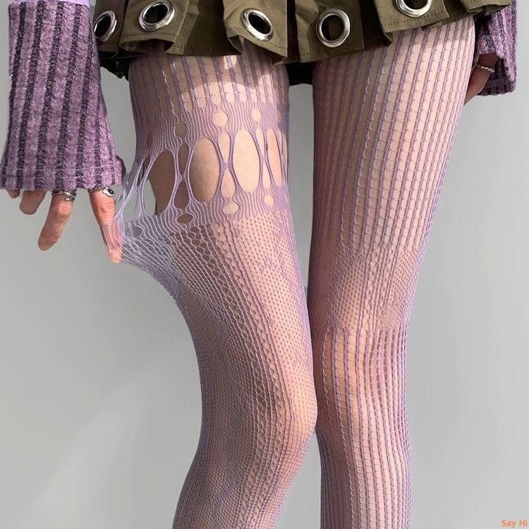 辣妹絲襪～辣妹蕾絲絲襪灰色AB復古鏤空網襪不對稱性感連褲襪漁網薄款黑絲