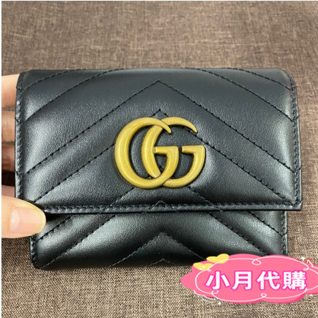 KG二手/GUCCI古馳 黑色絎縫 GG Marmont Wallet 三折短夾/皮夾 卡夾 錢包474802