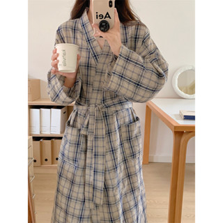 韓版格紋浴袍 長款和服 ins寬鬆睡衣 傢居服 日係睡袍 睡袍 浴袍 傢居服 睡衣 酒店睡袍 溫泉浴衣 長款睡衣