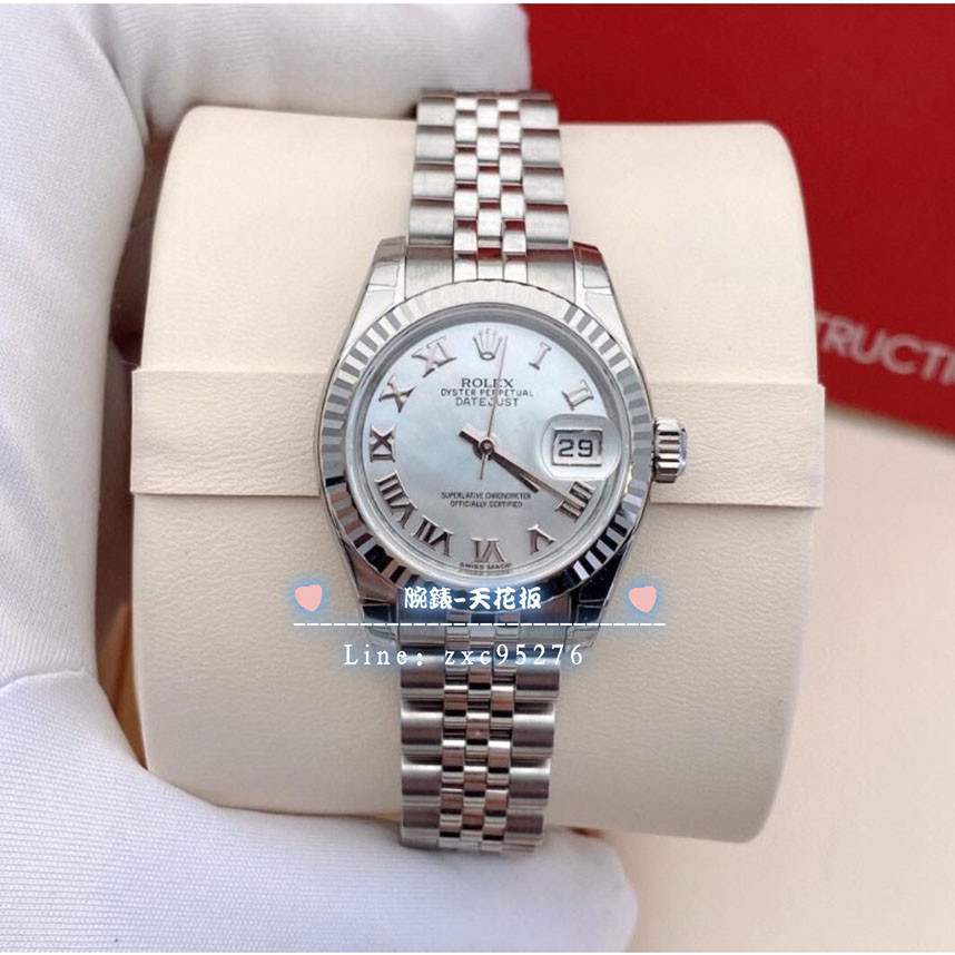 Rolex 勞力士女裝日誌型系列27Mm18K白金179174白貝母羅馬盤機械女表腕錶