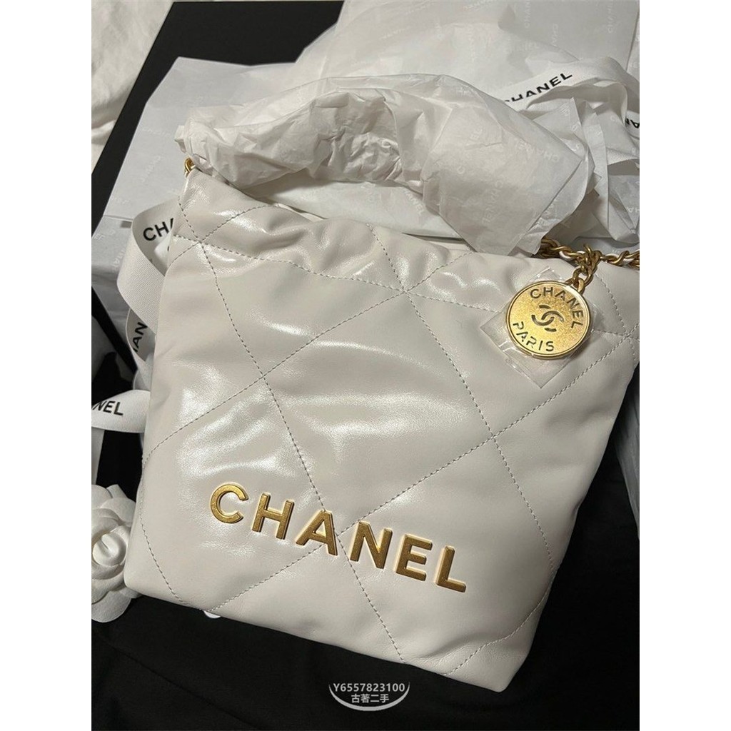 二手便宜出 CHANEL 22BAG 香奈兒 垃圾袋 迷你 白色 珍珠金鏈 單肩包 牛皮 鏈帶包 托特包 AS3980