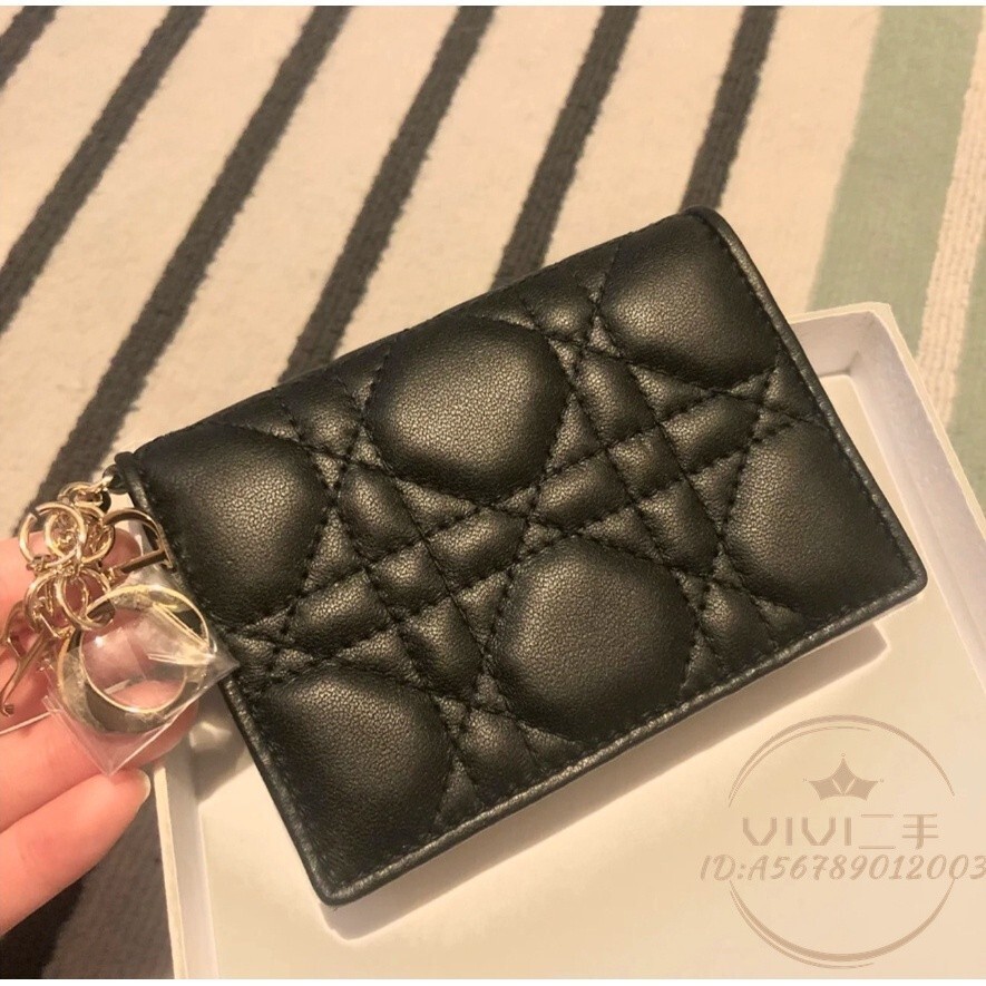 二手現貨 Dior 迪奧 Lady 灰色 藤格紋 羊皮革 迷你 對折 錢包 皮夾 短夾 卡包 零錢包