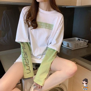 春夏季薄款上衣長袖新款假兩件防曬t恤女韓版寬松中長款小眾 長袖T恤女 女生上衣 長袖女 大學T