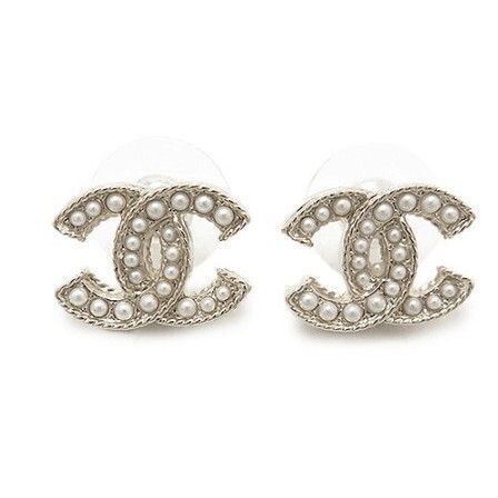 二手正品 Chanel 金色 雙C LOGO 小珍珠 鑲嵌 針式 耳環 AB0670