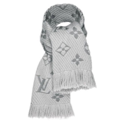 二手正品 Louis Vuitton LV Monogram LOGO MANIA 羊毛針織圍巾(珍珠灰) M74742