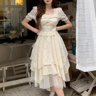 Yelly's~Shop方領短袖初戀連衣裙白月光女夏季新款法式名媛風收腰顯瘦公主裙子