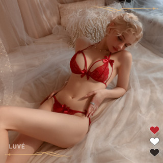 LUVE｜三點式蕾絲內衣 三點式 性感蕾絲睡衣 透視情趣內衣 情趣吊帶 情趣睡衣 透明 簍空綁帶性感 蝴蝶結 現貨