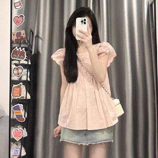 Yelly's~Shop小個子甜美減齡設計感粉色飛飛袖壓褶襯衫女夏季韓版百搭開衫上衣