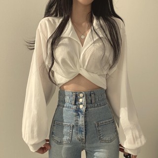 Yelly's~Shop韓國chic夏季法式小衆設計感後背係帶蝴蝶結露肚臍短款襯衫上衣女