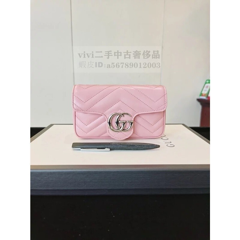 免運 正品現貨 Gucci 古馳 女士marmont雙G牛皮水波紋單肩斜挎鏈條包mini 粉色 476433 銀LOGO