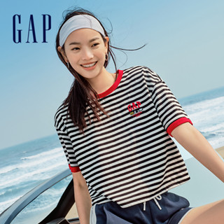 Gap 女裝 Logo純棉印花圓領短袖T恤 親膚系列-黑白條紋(465246)