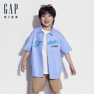 Gap 兒童裝 Logo純棉印花翻領短袖襯衫(1-14歲)-藍色(465986)