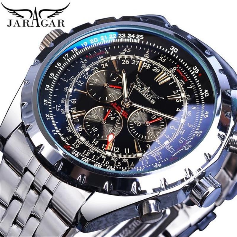 【台灣出貨】Jaragar 藍色玻璃設計黑色銀色自動手錶不銹鋼日期時鐘夜光男士商務機械手錶