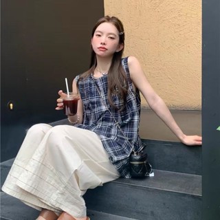 【Carmar】日系復古設計感格子圓領襯衫女夏季新款寬松無袖休閑娃娃衫上衣