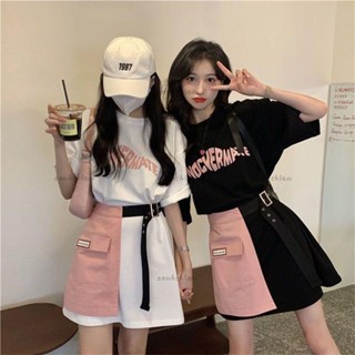夏季新款女生短褲 短裙套裝 小個子 設計感T恤裙+半身裙子 寬鬆 套裝女 閨蜜裝 減齡 兩件套 女裝 炸街辣妹時尚套裝