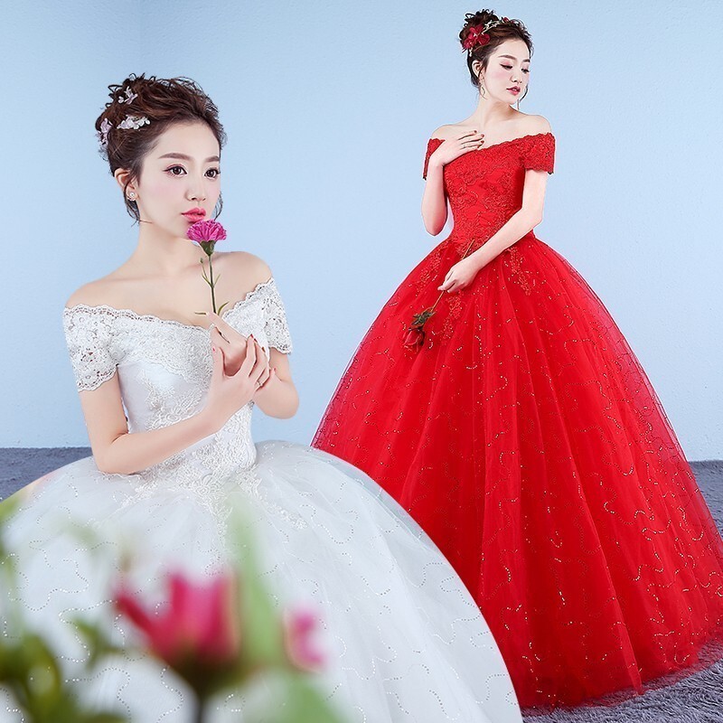 婚紗新娘紅色婚紗裙僊女成人禮新款一字肩韓式顯瘦蕾絲齊地 【北極星賣場】