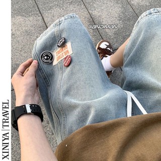 XINIYA徽章牛仔短褲男夏季日系Cityboy男生運動工裝過膝五分褲子