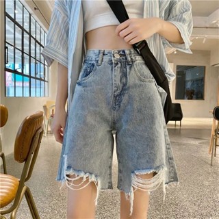 【Wik】 牛仔短褲 短褲女 牛仔寬褲 牛仔褲女 五分褲女 夏季韓版原宿高腰破洞牛仔五分短褲女寬鬆闊腿顯瘦直筒中褲潮