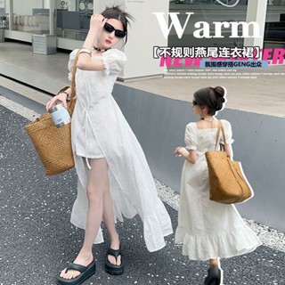 💕洋洋兒童店💕 女童夏季洋裝 女童連衣裙 女童連衣裙 夏裝新款禮服中大童短袖不規則前短後長燕尾裙子潮 兒童洋裝